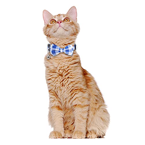 2 Pack/Set Cat Collar Breakaway with Cute Bow Tie and Bell Plaid Flower for Kitty Adjustable Safety - color: Blue