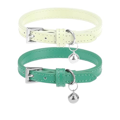 PUPTECK 2 PCS Soft Genuine Leather Cat Kitten Collar with Bells Adjustable for Girl Boy Cats Puppy - Blue Green, Bubble Green - color: Blue Green & Bubble Green