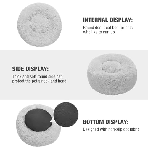Veehoo Calming Donut Cat Bed for Small Cats Dogs-Round Small Cat Dog Bed, Anti Anxiety Fluffy Faux Plush Cuddler Washable Puppy Bed, Warming Soft Cushion Pet Bed Fits up to 15 lbs Pet, 20", Light Grey