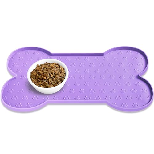 PWTAA Dog Food Mat Anti-Slip Silicone Dog Bowl Mat Thicker Pet Placemat Waterproof Cat Feeder Pad with Raised Edge Puppy Kitten Feeding Mats Suitable Small Medium-Sized Dogs Cats Eating Tray - color: Purple, size: 19.4" x 9.8"