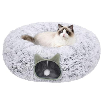 Cat Tunnel Bed for Indoor Cats, Soft Plush Donut Peekaboo Cat Cave, Multifunctional Playground Toy for Small Medium Large Cats, Kittens, Rabbits, Ferrets, with Washable Cushion(Grey) - color: Grey
