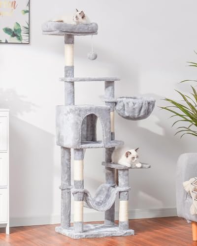 Hey-brother Cat Tree with Large Hammock, Multi-Level Cat Tower for Indoor Cats, Cat Condo with Sisal-Covered Scratching Posts and Top Perch, Light Gray MPJ050W - color: Light Gray