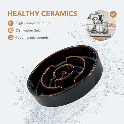 Havniva 1.2 Cup Elevated Slow Feeder Dog Bowls, 7.3” Dog Slow Feeding Bowls + 6.1” Ceramic Dog Water Bowls Set with Acacia Wood Stand, Dog Food Bowls Puzzle Feeder for Small Dogs Non-Slip Anti-choking - color: 2 x Starry Sky + Stand - A, size: M- 7.3inch