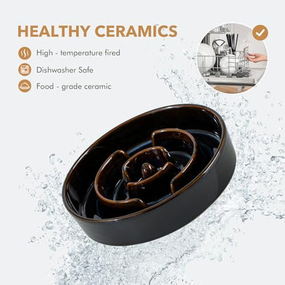 Havniva 1.2 Cup Elevated Slow Feeder Dog Bowls, 7.3” Dog Slow Feeding Bowls + 6.1” Ceramic Dog Water Bowls Set with Acacia Wood Stand, Dog Food Bowls Puzzle Feeder for Small Dogs Non-Slip Anti-choking - color: 2 x Starry Sky + Stand - A, size: M- 7.3inch