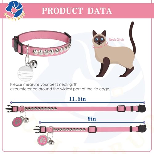 Leather Personalized Breakaway Cat Collar with Studded Bell and Safety Quick Release Buckle - Rivets Studded ID DIY Collars for Boy Girl Cats Kittens, 9" - 11.5" Pink - color: Pink, size: 9"-11.5"