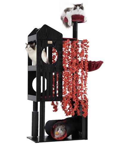 FourFurPets Gothic Cat Tree, 67" Cat Tower for Indoor Cats, Maine Coon Cat Tree for Large Cats 20 lbs+ with Extra-Large Padded Platform, Sisal-Covered Scratching Posts, Comfy Basket, Black & Red - color: Black & Red