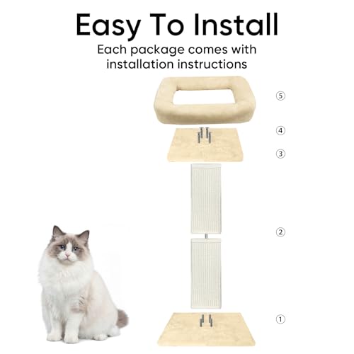 Cat Scratching Post, 32”Cat Scratcher with Large Plush Perch, Sisal & Carpet Scratching Post, Vertical Posts with Elevated Bed for Indoor Cats, Removable& Washable Cover, Beige - color: Beige with Bed