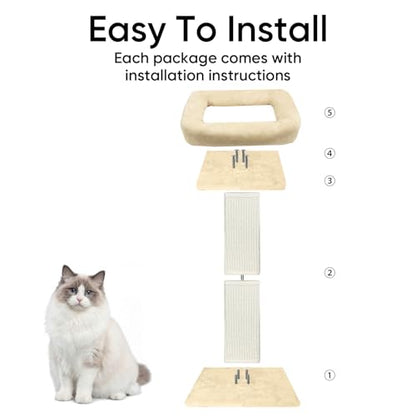 Cat Scratching Post, 32”Cat Scratcher with Large Plush Perch, Sisal & Carpet Scratching Post, Vertical Posts with Elevated Bed for Indoor Cats, Removable& Washable Cover, Beige - color: Beige with Bed