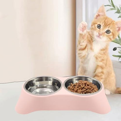 Double Dog Bowl, Stainless Steel Double Bowl, Anti-Slip, Anti-Spill and Removable(Pink-Medium)