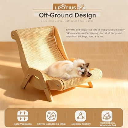 Elevated Cat Bed with Wooden Frame, Natural Hemp Rope, Scratch-Resistant Pet Lounger for Indoor Cats, Breathable Kitty Nap Furniture