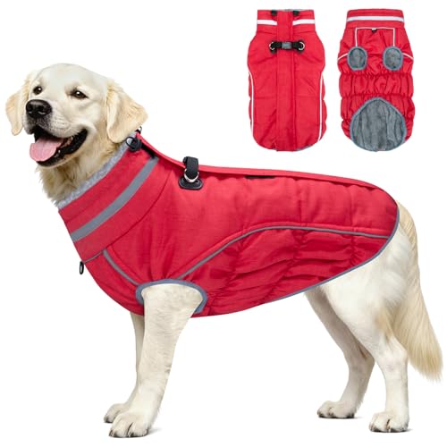 Dog Coat, Reflective Dog Jacket Waterproof Windproof Puppy Cold Weather Coats with Harness Built in, Winter Extra Warm Pet Coat Fleece Vest for Small Large Pets and Puppy (Red, XXX-Large) - color: Red, size: Xxx-large