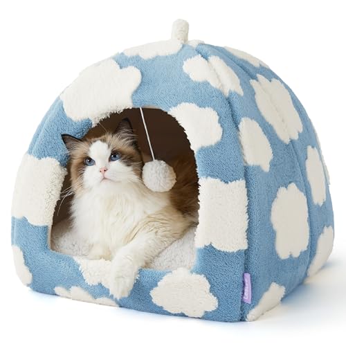 Lesure Cute Cat Beds for Indoor Cats - 2 in 1 Large Cat Cave Bed for Puppy and Small Dog with Removable Washable Cushioned Pillow, Cozy Kitten Tent with Non-Slip Bottom, Blue, 17.3 inches - color: Cozy Clouds Blue, size: 17.3"L x 17.3"W x 17.3"Th