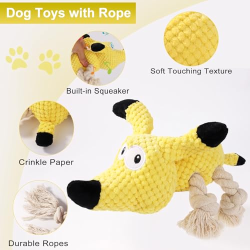 Letsmeet Squeaky Plush Dog Toys - Rope-Designed Interactive Dog Chew Toy for Large Dogs, Puppy Toys for Tug of War, Durable Pet Toys for Dogs - color: Yellow