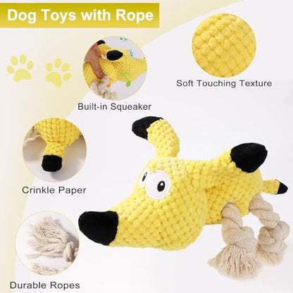 Letsmeet Squeaky Plush Dog Toys - Rope-Designed Interactive Dog Chew Toy for Large Dogs, Puppy Toys for Tug of War, Durable Pet Toys for Dogs - color: Yellow