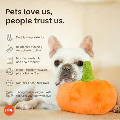 P.L.A.Y. Cute Plush Dog Toys - Fruit & Vegetable Themed Durable Squeaker Chew Toy, Great for Puppies & Small, Medium, Large Dogs - Machine Washable, Recycled Materials (Garden Fresh Pumpkin, Medium) - color: Pumpkin, size: Medium