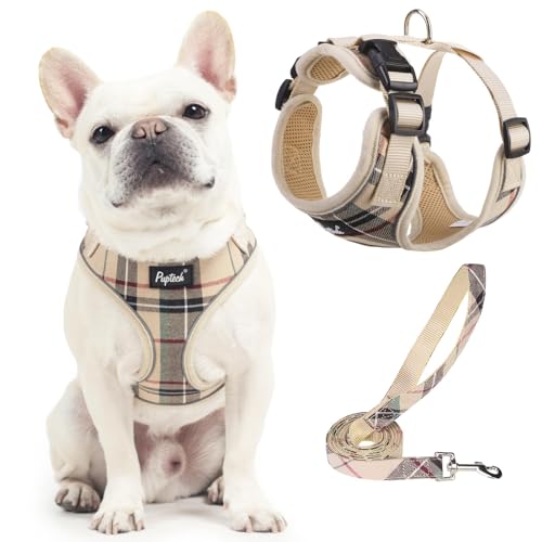 PUPTECK Soft Mesh Dog Harness and Leash Set Pet Puppy Cat Adjustable Reflective Padded Vest No Pull Harnesses, Beige, L - color: Beige, size: L (NECK: 18-20", CHEST: 18.8-24")
