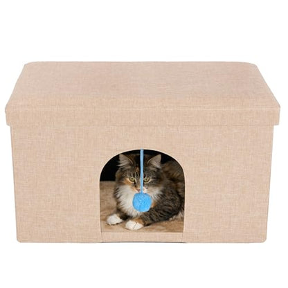 Furhaven Pet House for Indoor Cats & Medium/Small Dogs, Collapsible & Foldable w/Plush Ball Toy - Living Room Ottoman Cat Condo - Sand, Large