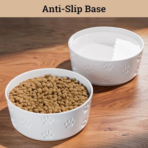 Ceramic Dog Bowl Set of 2 with Anti-Skid Base - 6.5" Wide x 2.5" Tall Ceramic Dog Bowls Medium Sized Dogs - 3.8 Cup Capacity Food and Water Bowls for Dogs - Rubber Bottom Pet Bowl Set of 2 Medium Size - color: White, size: Medium