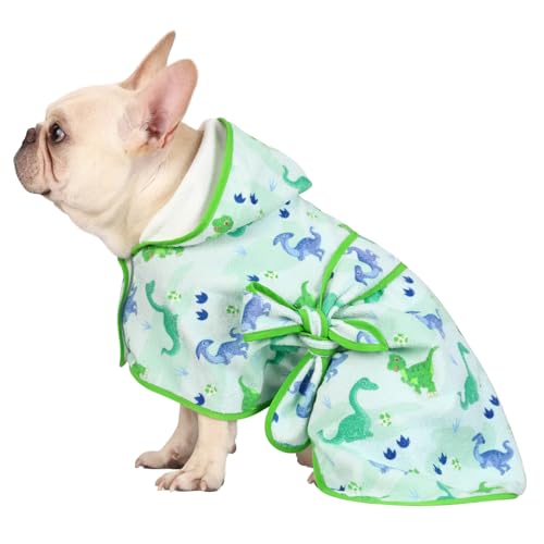 HDE Dog Bathrobe Super Absorbent Quick Drying Puppy Towel Wrap Coat Adjustable After Bath Robes with Hood for Dog Sizes S-XXL Cute Dinosaurs S - color: Cute Dinosaurs, size: Small