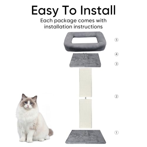 Cat Scratching Post, 32”Cat Scratcher with Large Plush Perch, Sisal & Carpet Scratching Post, Vertical Posts with Elevated Bed for Indoor Cats, Removable& Washable Cover, Grey - color: Grey with Bed
