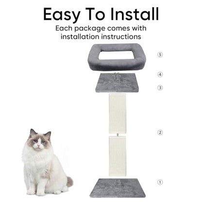 Cat Scratching Post, 32”Cat Scratcher with Large Plush Perch, Sisal & Carpet Scratching Post, Vertical Posts with Elevated Bed for Indoor Cats, Removable& Washable Cover, Grey - color: Grey with Bed