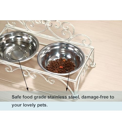 Iron Dog Cat Bowls Elevated - Dog or Cat Food and Water Dish Bowl Set - Raised Small Dog Cat Bowl Stand - Antique White