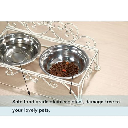 Iron Dog Cat Bowls Elevated - Dog or Cat Food and Water Dish Bowl Set - Raised Small Dog Cat Bowl Stand - Antique White