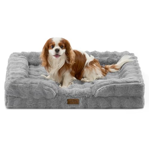 COZY KISS Orthopedic Dog Bed for Large Medium Size Dog, Soft and Warm Faux Fur Sofa for Pet Up to 75 lbs, Foam Bolster Anti-Slip Couch with Washable Removable Cover, L 36x27x6.5 inch, Grey - color: Grey, size: 36x27x6.5 inch