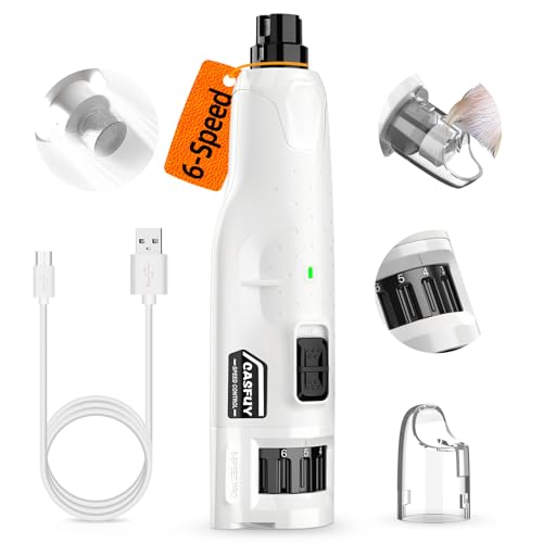 Casfuy Dog Nail Grinder Quiet - (45db) 6-Speed Pet Nail Grinder with 2 LED Lights for Large Medium Small Puppy Dogs/Cats, Professional 3 Ports Rechargeable Electric Dog Nail Trimmer with Dust Cap - color: White