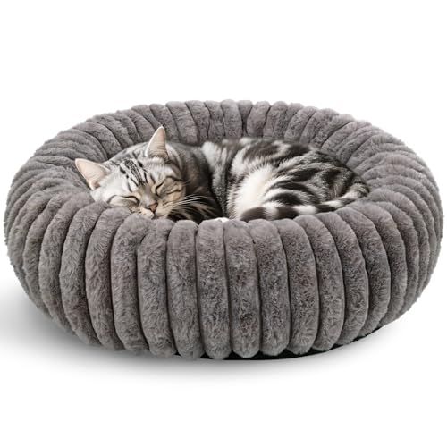 Cat Bed for Indoor Cats, 20 inch Calming Cat Bed with Ultra Soft Plush, Machine Washable Round Anti-Anxiety Pet Bed for Kittens & Small Dogs, Grey - color: Grey, size: 20.0"L x 20.0"W x 7.0"Th