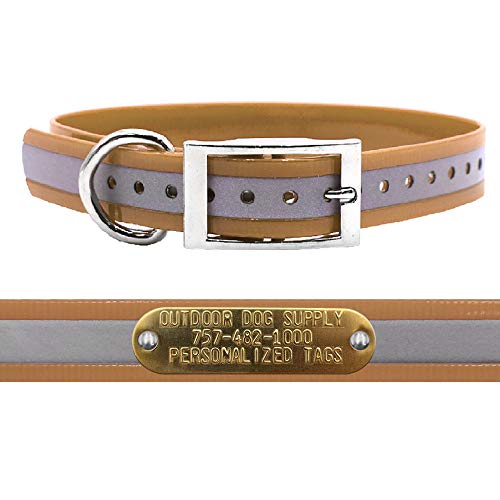 Outdoor Dog Supply 1" Heavy Duty Reflective Waterproof D-Ring Dog Collar for Medium & Large Dogs with 3/4" Custom Brass Nameplate (Reflective Tan, 18") - color: Reflective Tan, size: 18" Long