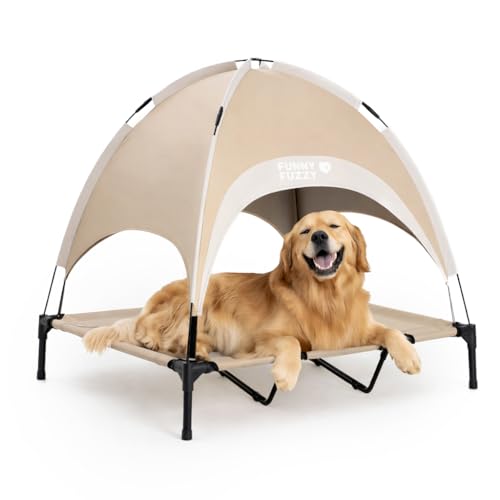 FUNNY FUZZY Elevated Dog Bed with Canopy,Khaki, X-Large (48"x36"x9") – Outdoor Raised Dog Cot with Shade, Cooling Breathable Mesh Pet Bed, Portable Waterproof Camping Bed for Large Dogs up to 120 lbs - color: Khaki, size: X-Large