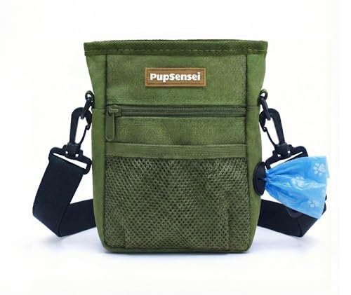 Dog Treat Pouch for Training – Magnetic Dog Treat Bag with Belt Clip & Poop Bag Dispenser – Hands Free Carry Pouch with Auto-Close Access & Shoulder Strap – Durable Pet Gear – Army Green - color: Army Green