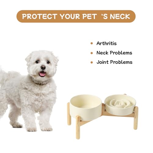 Havniva 6.1” Raised Slow Feeder Dog Bowls Set, 0.9 Cups Ceramic Slow Feeder Dog Bowl and 6.1” Dog Water Bowl with Elevated Wooden Stand Puzzle Dog Food Bowl for Small Dogs Anti-Gulping & Anti-Choking - color: 2 x Light Yellow+Stand-A, size: 6.1inch-New