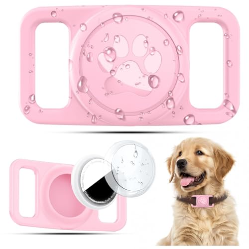 Linsaner Waterproof Dog Collar Holder for AirTag 1st & 2nd Gen, No Dangle Silicone Case for Apple Air Tag, Full Cover Paw Print GPS Tracker Protective Accessories for Pet Puppy Cat, Pink - color: A8-Pink