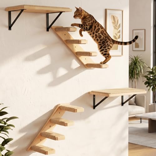 Cat Wall Furniture Set, 2PCS Cat Shelves & 2PCS 4 Steps Wall Shelves Stairs Tower Climbing Scratching Perches for Climbing Sleeping, Playing - color: Wood Shelf, size: Combo A (4 Pieces)