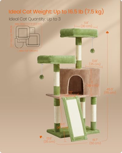 Feandrea Cat Tree, 45.3-Inch Cat Tower, Plush Condo with Scratching Post, Ramp, Perch, Spacious Cave, for Small Space, Grass Green and Camel Brown UPCT141CB03 - color: Grass Green + Camel Brown