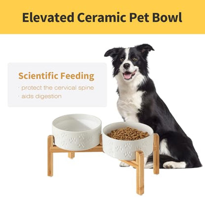 Elevated Ceramic Dog Bowls, 7.3" Dog Dishes with Stand, 5 Cup Elevated Food & Water Bowls for Medium Sized Dogs, Microwave Safe (Double Bowls + Stand - White, 7.3 inch) - color: Double Bowls + Stand - White, size: M - 7.3 inch