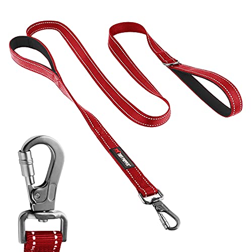 Tuff Pupper Heavy Duty Double Handle Leash - Twist Lock Carabiner Clip for Strong Medium & Large Dogs - Reflective, 6FT - color: March Red