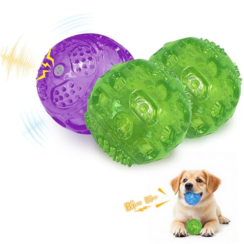 RICHIE Ultra Durable Squeaky Dog Balls 3 Inch for Large Medium Dogs, Tough Chew Toys for Aggressive Chewers, Floating Fetch Balls for Pool Play, Teeth Cleaning Dog Toys 3 Pack Purple + Green + Green - color: Purple + Green + Grenn