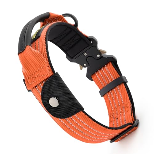 Plutus Pet Tactical Dog Collar with Tracker Pocket for AirTag, Adjustable Reflective Nylon Collar, Metal Buckle, Leather-Wrapped Handle, Soft Padded for Medium Large Dogs (Orange, M) - color: Orange, size: M