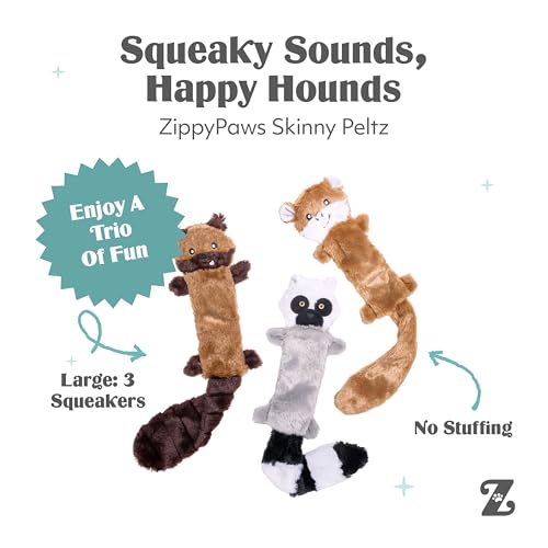 ZippyPaws Skinny Peltz - No Stuffing Dog Toy Pack to Keep Them Busy, for Medium and Large Dogs, Squeaky Pet Toys, Unstuffed Chew Toys, Soft Plush Variety Pack, Chipmunk, Lemur, and Monkey - 18" - style: Chipmunk, Lemur, Monkey - Large (3-pack)