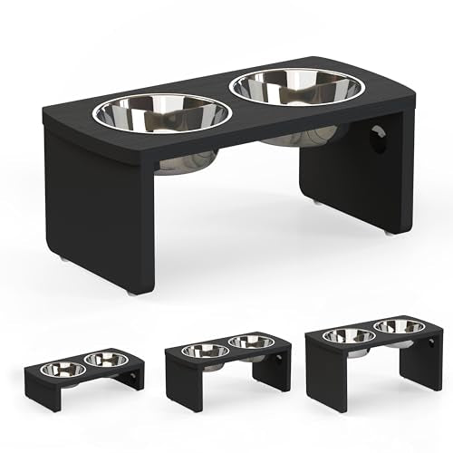 Elevated Dog Bowls, Waterproof Raised Dog Bowl for Medium Dogs, HIPS Poly Lumber Stand with 2 Stainless Steel Bowls, Indoor & Outdoor Use (7'' Tall-40 oz Bowl, Black) - color: Black, size: Medium: 7'' Tall-40oz Bowl