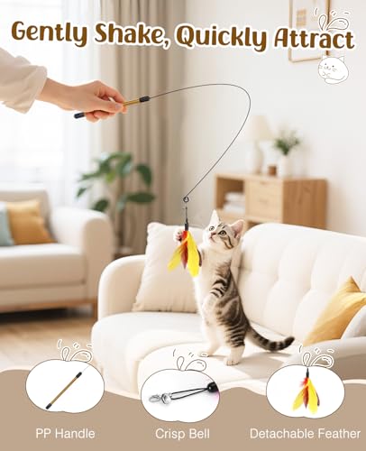 Pawaboo Feather Teaser Cat Toy, Interactive Feather Wand Cats Toy Flying Feathers Cat Catcher with Extra Long 34.5" Wand and Small Bell, Exerciser Playing Toys for Kitten or Cats, Yellow + Red Brown - color: Yellow + Red Brown