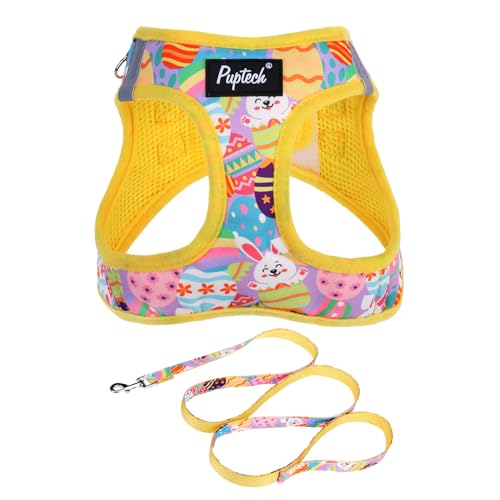 PUPTECK Dog Harness and Leash Set for Small Medium Dogs No Pull Step-in Soft Mesh Puppy Cat Vest Harnesses Reflective at Night, Easter Light Yellow, S - color: #3 LightYellow(Rabbit), size: S(CHEST 14.5"-16", 6.6-14 lbs)