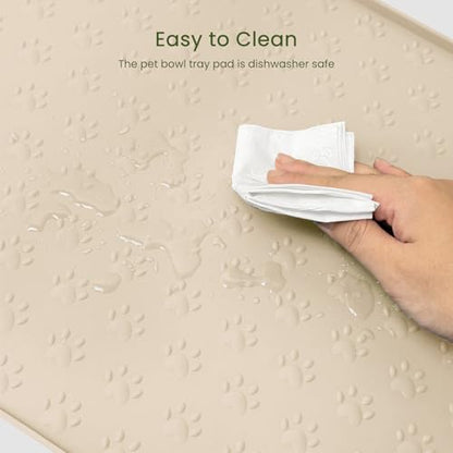 PWTAA Dog Food Mat Anti-Slip Silicone Dog Bowl Mat Thicker Pet Placemat Waterproof Cat Feeder Pad with Raised Edge Puppy Kitten Feeding Mats Suitable Small Medium-Sized Dogs Cats Eating Tray - color: Beige, size: 25.6" x 13"