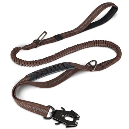 Joytale Tactical Dog Leash Heavy Duty, 4-6FT Shock Absorbing Bungee Lead with 2 Padded Handle, Metal Carabiner Clip, Car Seatbelt, Strong No Pull Leash for Medium Large X-Large Dogs, Brown - color: Brown