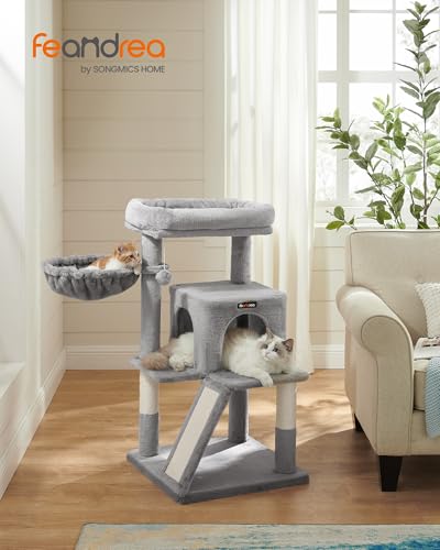 Feandrea Cat Tree, 37.8-Inch Cat Tower, Multi-Level Condo with Widened Perch, Scratching Posts and Ramp, 2-Door Cave, Hammock, Light Gray UPCT51W - color: Light Gray