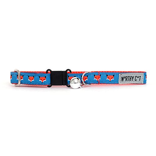 THE WORTHY DOG Foxy Cat Collar with Bell, Adjustable Nylon Safety Collar, Blue/Red, One Size - color: Blue-Foxy
