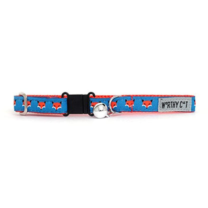 THE WORTHY DOG Foxy Cat Collar with Bell, Adjustable Nylon Safety Collar, Blue/Red, One Size - color: Blue-Foxy